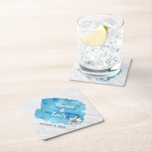 blauwe waterverf spatten op hout met waterlans kartonnen onderzetters (Insitu)