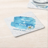 blauwe waterverf spatten op hout met waterlans kartonnen onderzetters (Schuin)