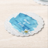 blauwe waterverf spatten op witgewassen hout kartonnen onderzetters (Gekanteld)