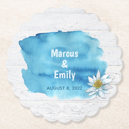 blauwe waterverf spatten op witgewassen hout kartonnen onderzetters (Voorkant)