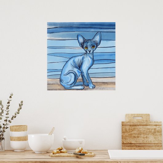 Blauwe Waterverf Sphynx Cat Poster (Keuken)