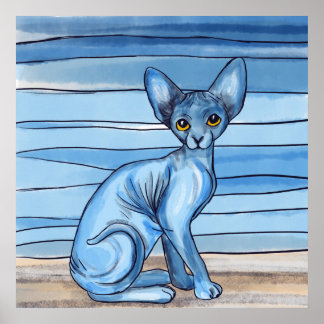 Blauwe Waterverf Sphynx Cat Poster