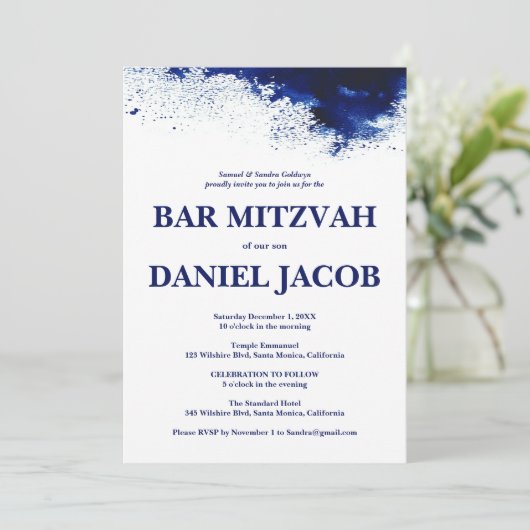 Blauwe Waterverf Splash Custom BAR BAT MITZVAH Kaart (Staand voorkant)