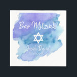 Blauwe Waterverf Star van David Bar Mitzvah Servet<br><div class="desc">Perfecte moderne cocktail wegwerp papieren servetten in blauw turquoise waterverf ontwerp met witte davidster. Bar Mitzvah of Bat Mitzvah eenvoudig te personaliseren door naam en optiedatum toe te voegen.</div>