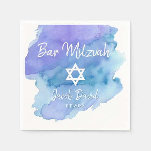 Blauwe Waterverf Star van David Bar Mitzvah Servet (Voorkant)