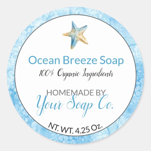 Blauwe Waterverf Starfish Beach Handgemaakte zeep Ronde Sticker (Voorkant)