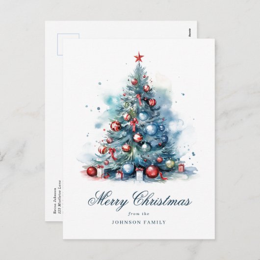 Blauwe Waterverf Stijl Kerstboom Feestdagenkaart (Voorkant / Achterkant)