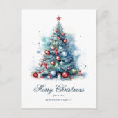 Blauwe Waterverf Stijl Kerstboom Feestdagenkaart (Voorkant)