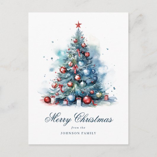 Blauwe Waterverf Stijl Kerstboom Feestdagenkaart (Voorkant)