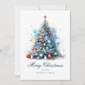 Blauwe Waterverf Stijl Kerstboom Feestdagenkaart (Voorkant)