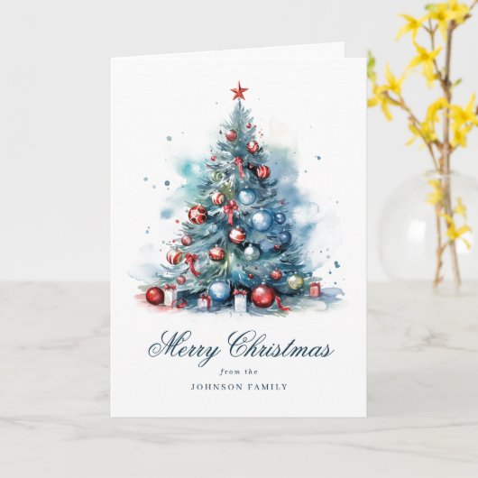 Blauwe Waterverf stijl kerstboom gevouwen Kaart (Gele Bloem)