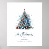 Blauwe Waterverf Stijl Kerstboom met Ornament Poster (Voorkant)