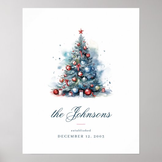 Blauwe Waterverf Stijl Kerstboom met Ornament Poster (Voorkant)