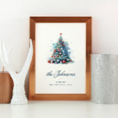 Blauwe Waterverf Stijl Kerstboom met Ornament Poster