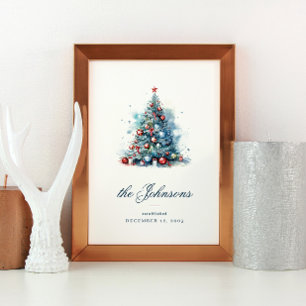 Blauwe Waterverf Stijl Kerstboom met Ornament Poster