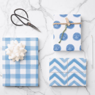 Blauwe Waterverf Stippen Gingham Wrapping Paper