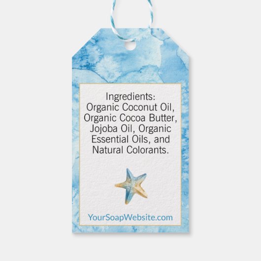 🌊 Blauwe Waterverf Strand Theme Zeep Zeester Cadeaulabel (Achterkant)