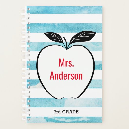 Blauwe Waterverf Strepen en Apple voor Docent Planner (Voorkant)
