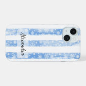 Blauwe Waterverf Strepen met Witte Sneeuwvlokken iPhone 15 Case (Achterkant horizontaal)