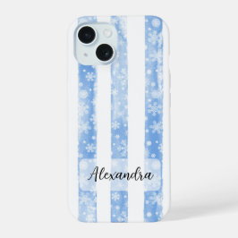 Blauwe Waterverf Strepen met Witte Sneeuwvlokken iPhone 15 Case