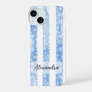 Blauwe Waterverf Strepen met Witte Sneeuwvlokken iPhone 15 Case