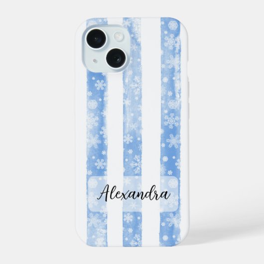 Blauwe Waterverf Strepen met Witte Sneeuwvlokken iPhone 15 Case (Achterkant)