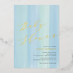 Blauwe Waterverf Stripe Baby shower Folie Folie Uitnodiging
