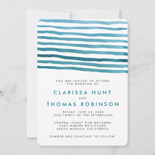 Blauwe Waterverf Stripes bruiloft uitnodiging (Voorkant)