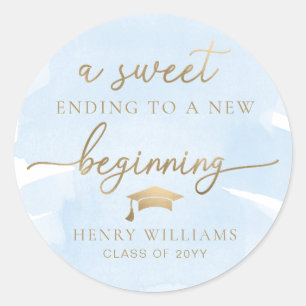 Blauwe Waterverf Sweet Nieuw Begin Afstuderen Ronde Sticker