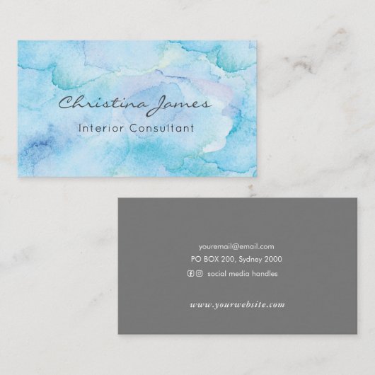 Blauwe waterverf textuur geschilderd visitekaartje (Voorkant / Achterkant)
