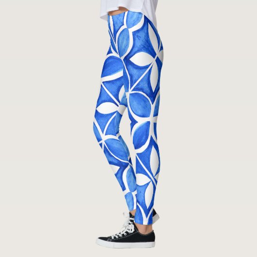 Blauwe Waterverf Toscaanse Italiaanse Tegel Leggings (Links)