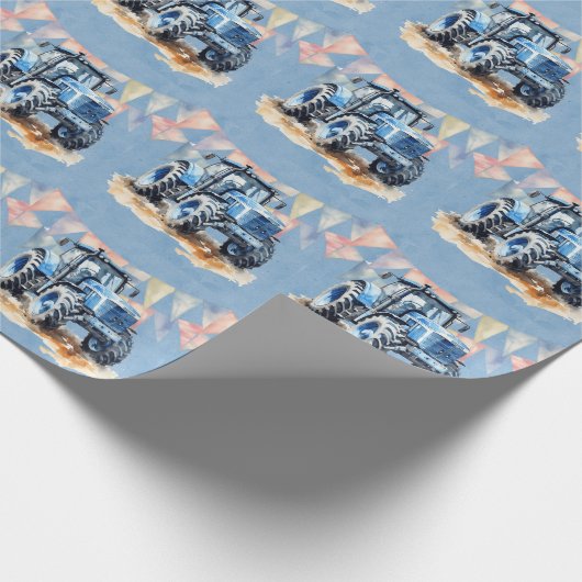 Blauwe Waterverf Tractor Boy Baby shower Cadeaupapier (Hoek)