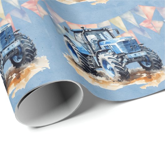 Blauwe Waterverf Tractor Boy Baby shower Cadeaupapier (Rol Hoek)