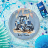 Blauwe Waterverf Tractor Boy Baby shower Papieren Bordje (Feest)