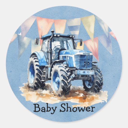 Blauwe Waterverf Tractor Boy Baby shower Ronde Sticker (Voorkant)