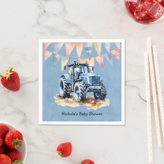 Blauwe Waterverf Tractor Boy Baby shower Servet (Insitu)