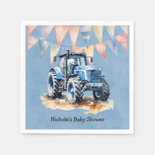 Blauwe Waterverf Tractor Boy Baby shower Servet (Voorkant)