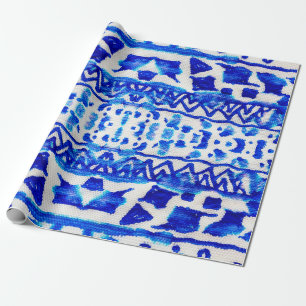 Blauwe waterverf tribale etnische naadloze patrone cadeaupapier