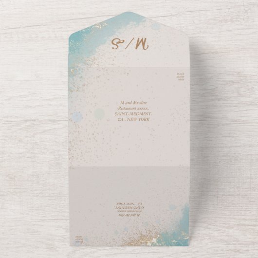 Blauwe waterverf tropisch strand gouden bruiloft all in one uitnodiging (Buitenkant)