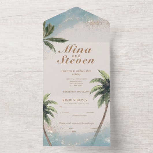 Blauwe waterverf tropisch strand gouden bruiloft all in one uitnodiging (Binnen)