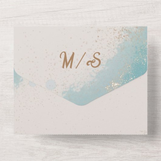 Blauwe waterverf tropisch strand gouden bruiloft all in one uitnodiging (Achterkant)