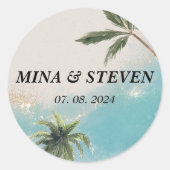 Blauwe waterverf tropisch strand gouden bruiloft ronde sticker (Voorkant)