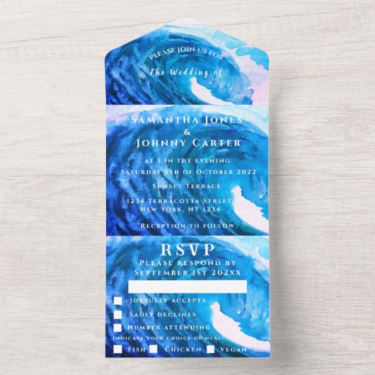 Blauwe Waterverf Tropische Golf van Bestemmingsoce All In One Uitnodiging (Binnen)