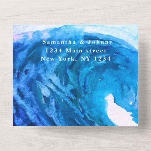 Blauwe Waterverf Tropische Golf van Bestemmingsoce All In One Uitnodiging (Achterkant)