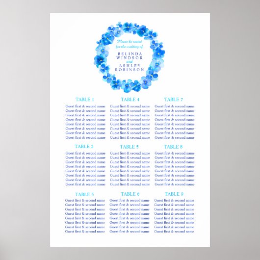 Blauwe waterverf trouwtafel plan poster (Voorkant)