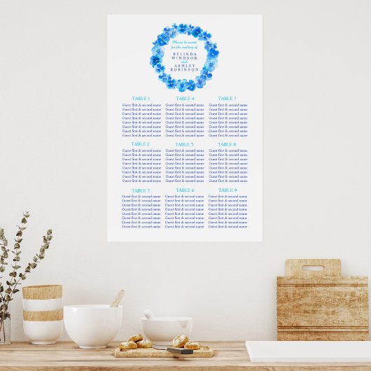 Blauwe waterverf trouwtafel plan poster (Keuken)