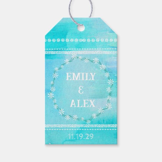 Blauwe Waterverf Typografie Weddenschap Labels Cadeaulabel (Voorkant)