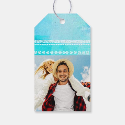 Blauwe Waterverf Typografie Weddenschap Labels Cadeaulabel (Achterkant)