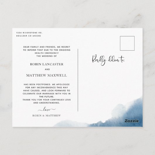 Blauwe Waterverf, uitgestelde aankondiging huwelij Briefkaart (Achterkant)