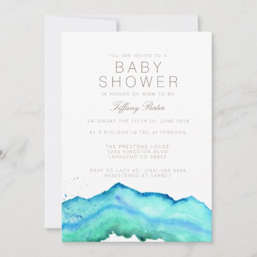 Blauwe Waterverf | Uitnodiging voor Baby shower (Voorkant)